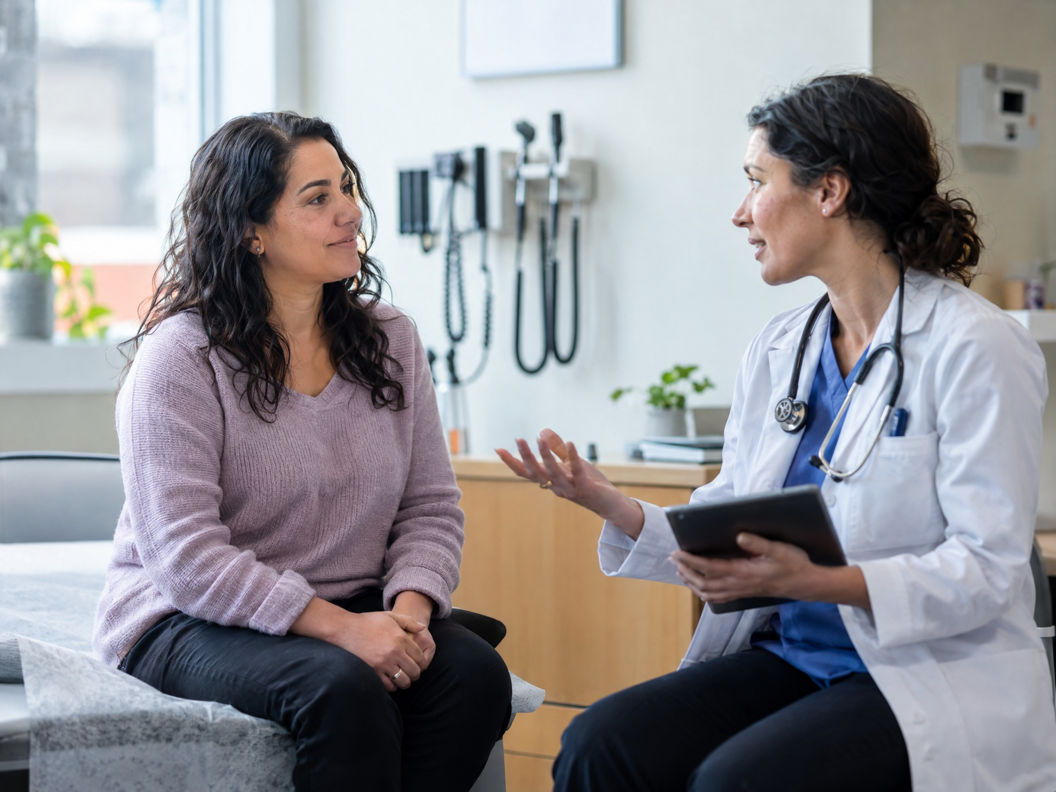 A patient speaking with a clinician during a routine health visit
