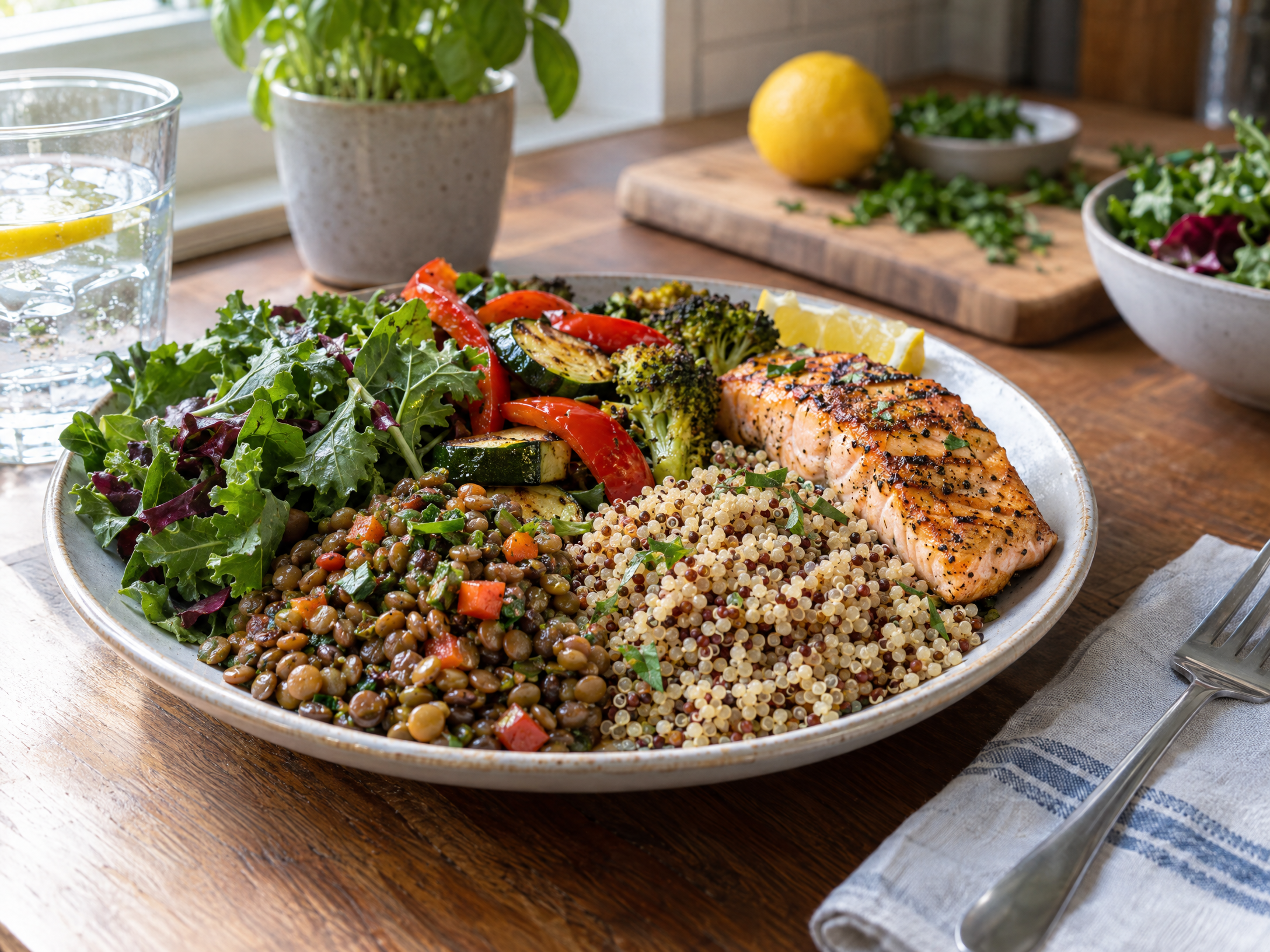 A balanced plate with vegetables, whole grains and protein
