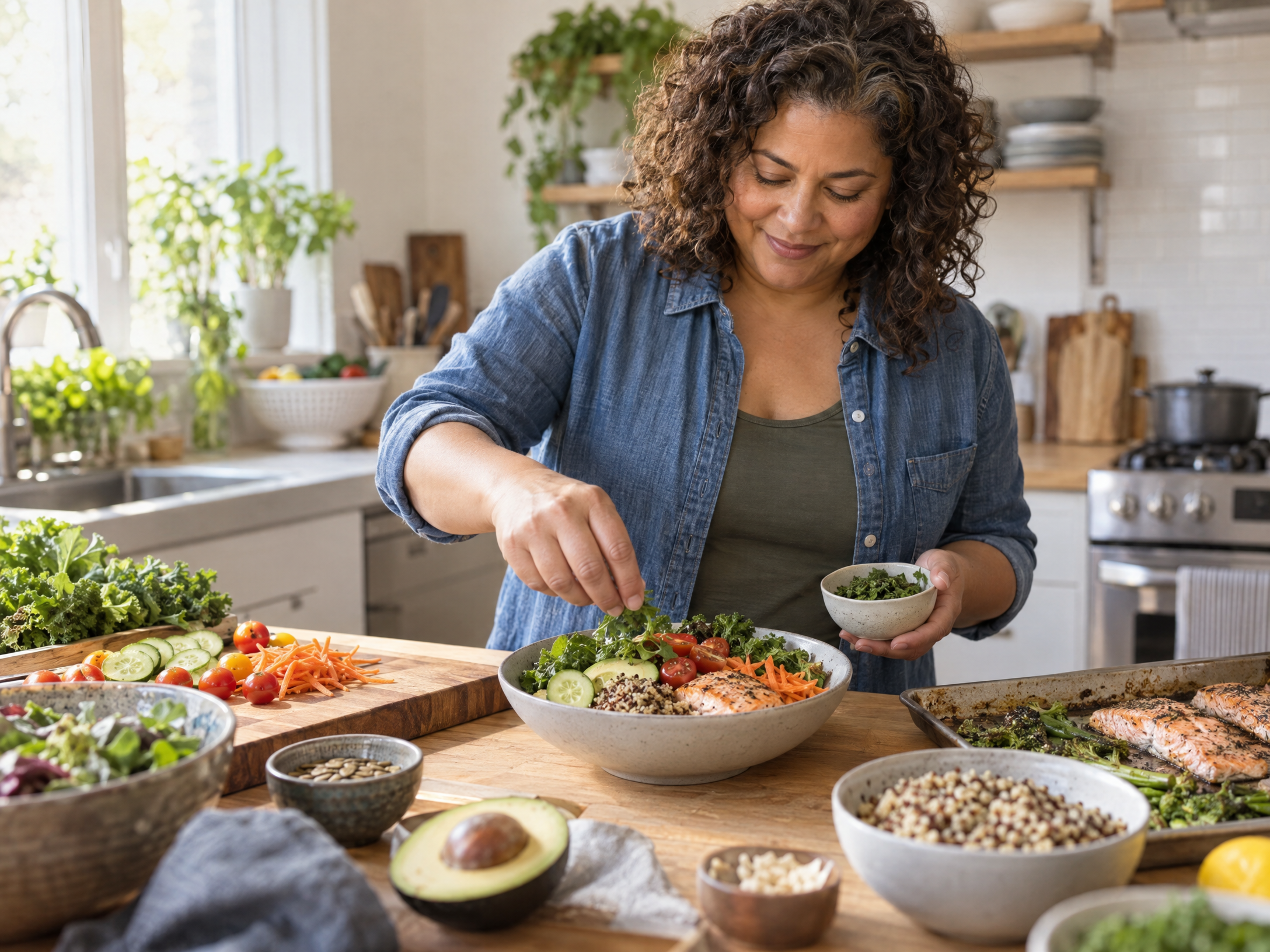 A woman preparing a balanced meal in her home kitchen