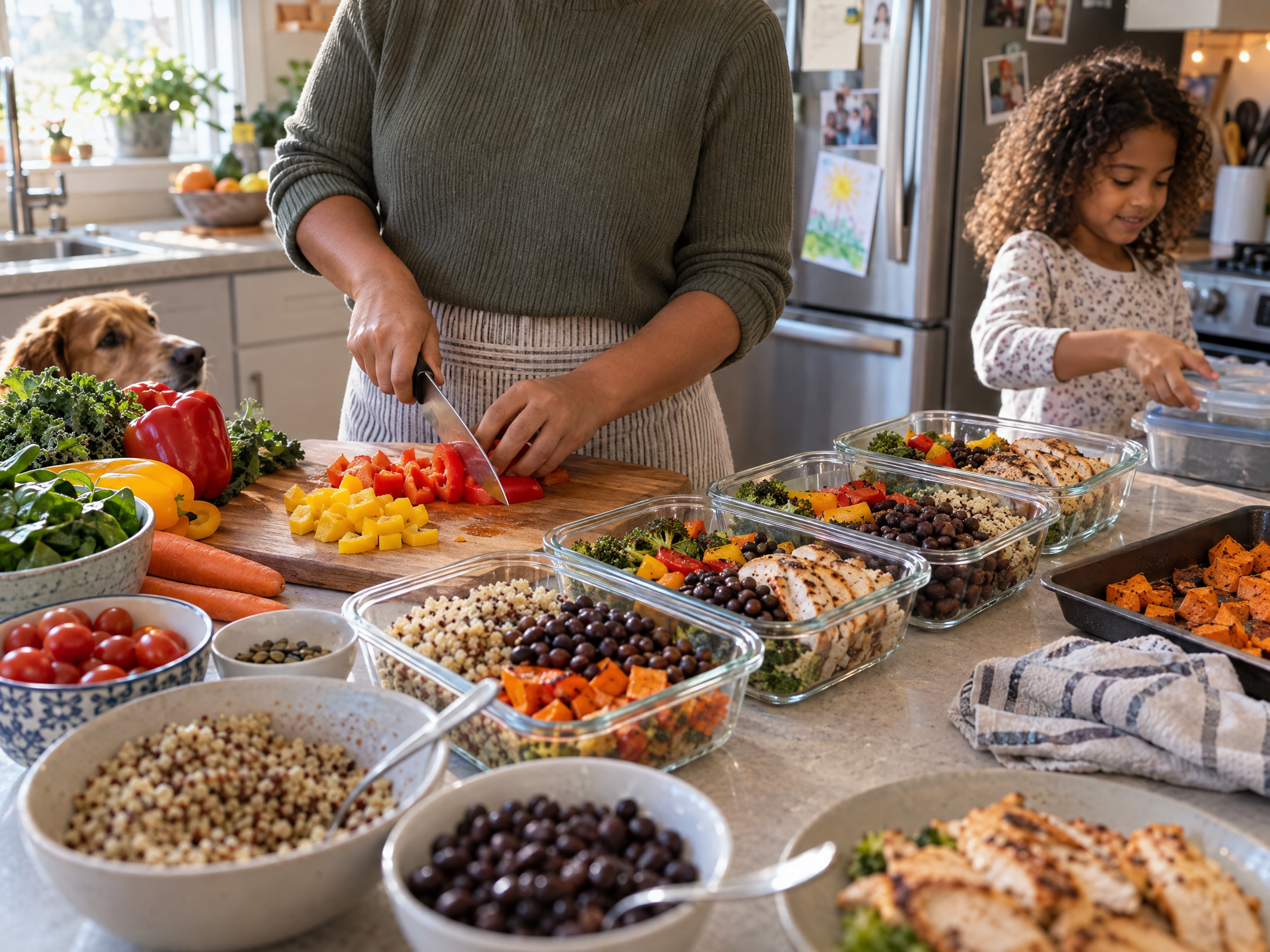Vegetables and balanced meals being prepared at home