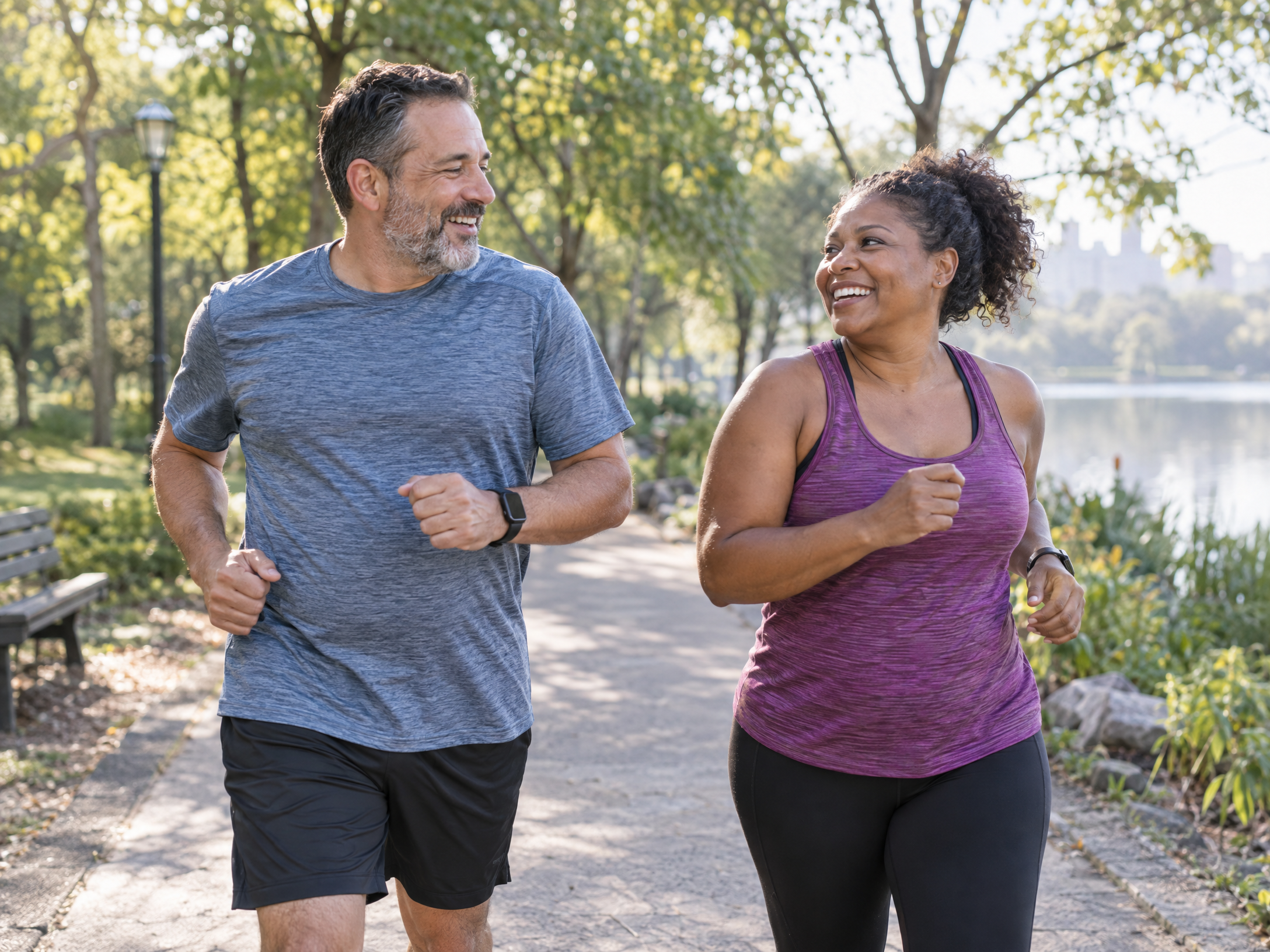 Two adults enjoying a relaxed jog together on a park path