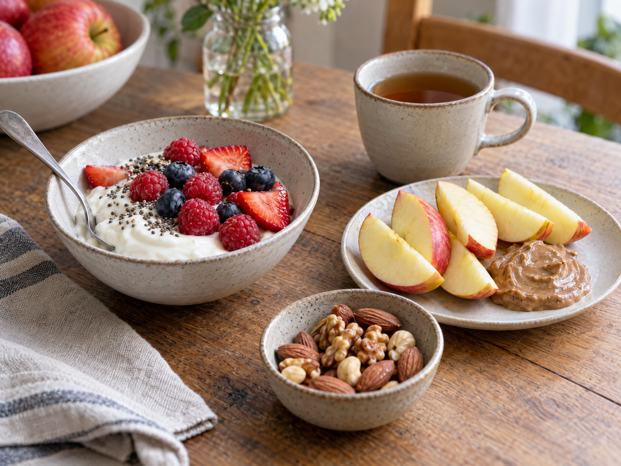 Simple snack ideas including berries, yogurt, nuts and unsweetened tea